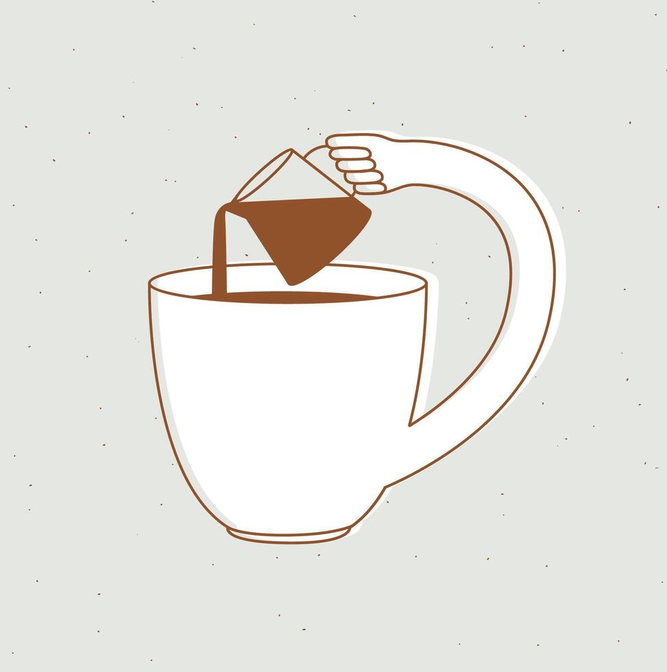 Cup pours milk into itself drawing in cartoon flat line style on beige bg vector