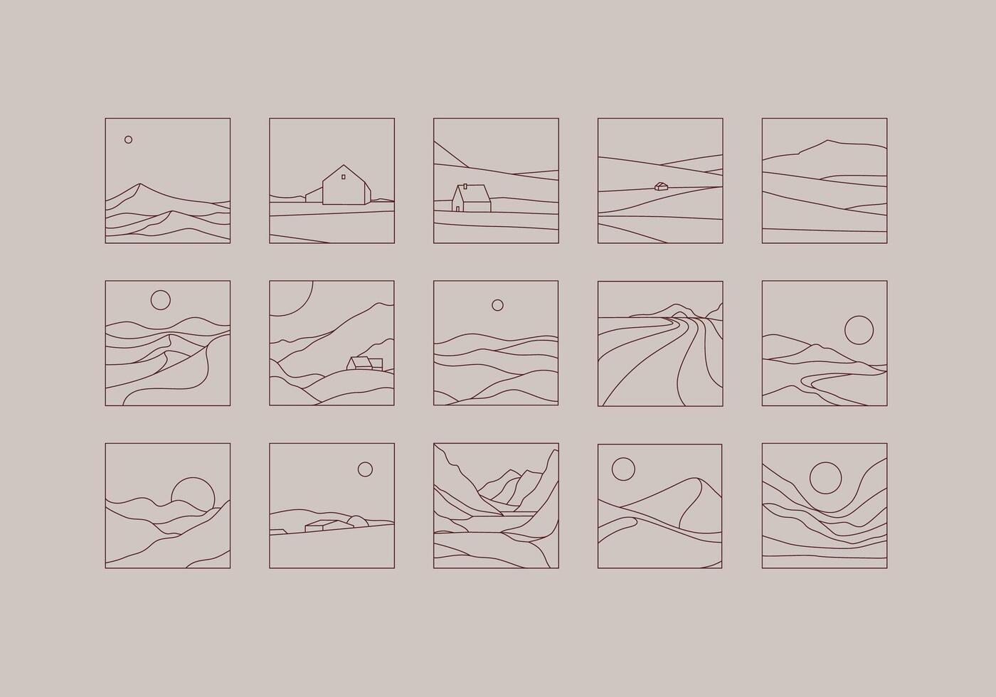 Mountain silhouettes icon set drawing in linear art style on brown background vector