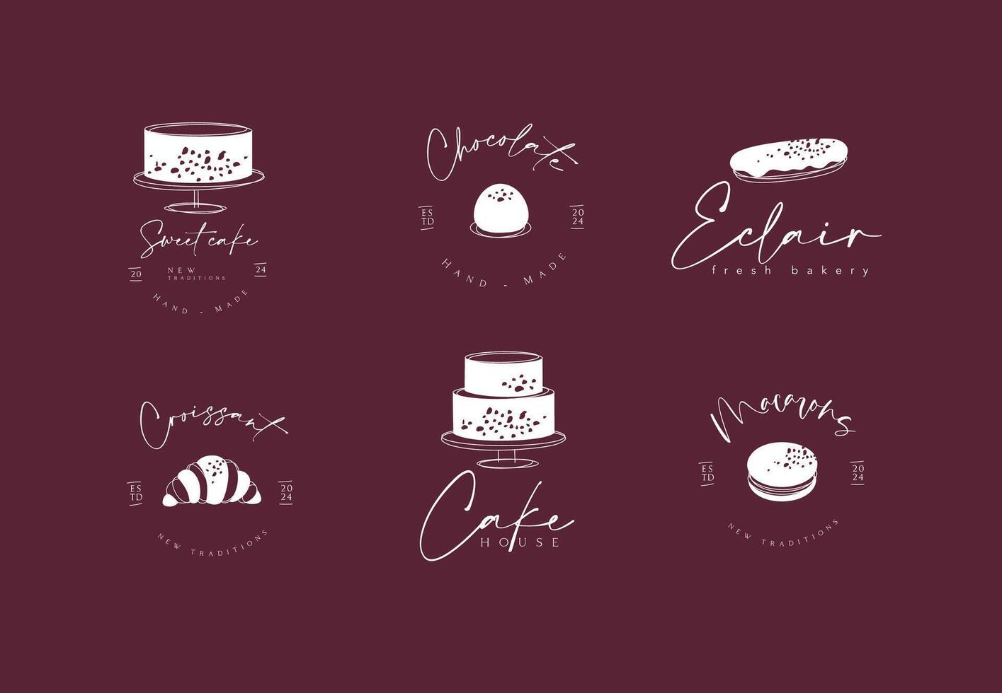 Confectionery sweet labels cake, candy, eclair, croissant, macarons with text drawing on red background vector