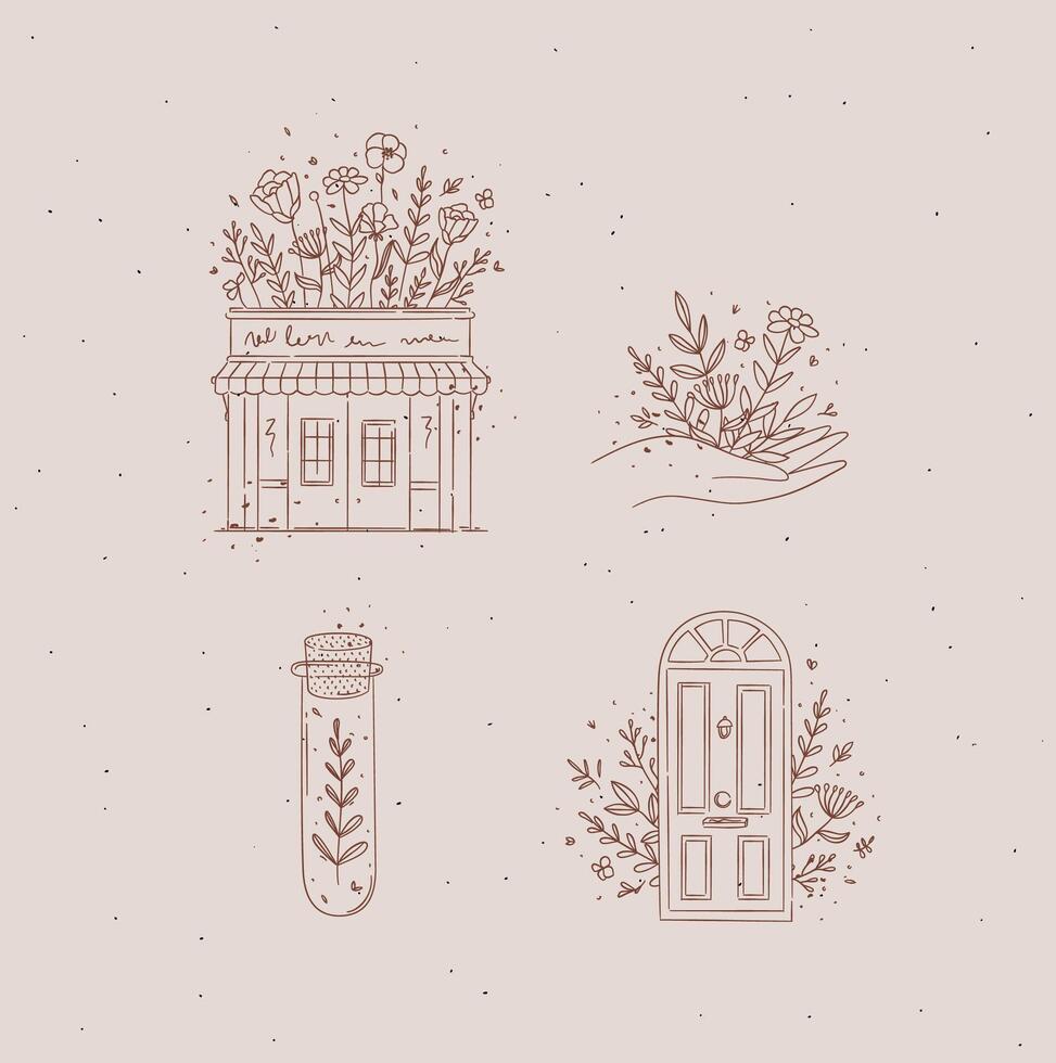 Hand drawn store, hand, test tube, door icons drawing in floral style with brown on pink background vector