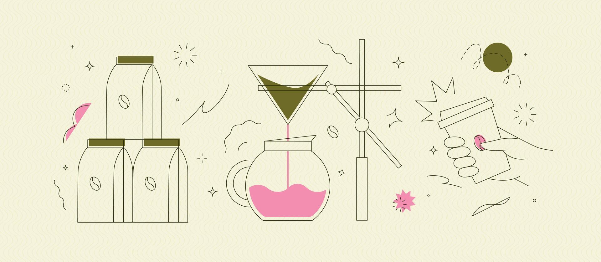 Coffee maker, pack, take away cup symbols drawing in modern linear art style on light yellow background vector