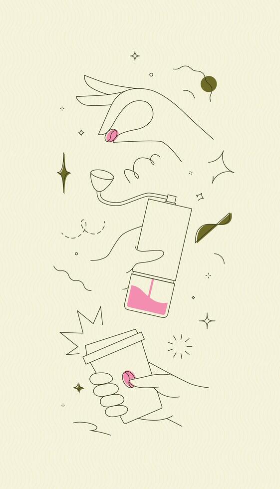 Coffee bean and grinder take away cup symbols drawing in modern linear art style on light yellow background vector