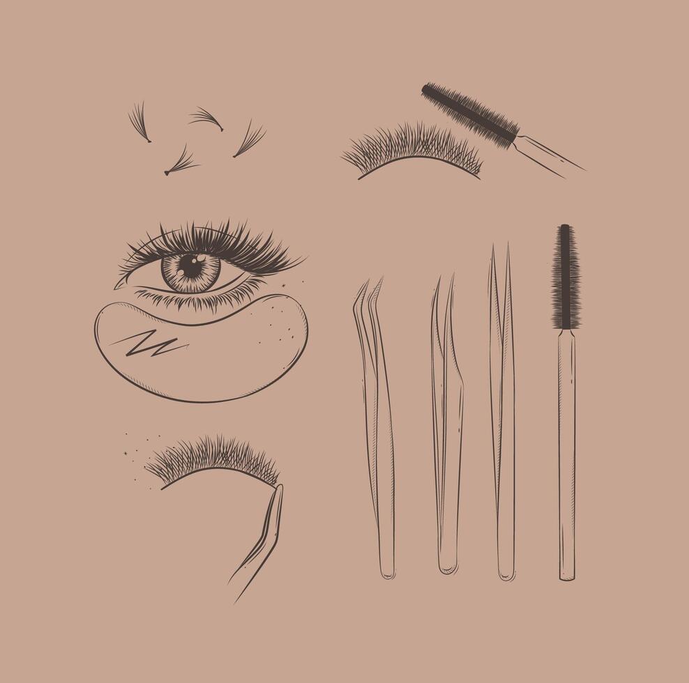 Lashes treatment studio tools collection drawing with black on brown background vector