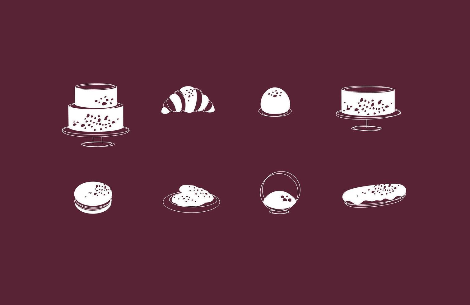 Dessert icons cake, croissant, candy, cookie, dessert, eclair macarons drawing on red background vector