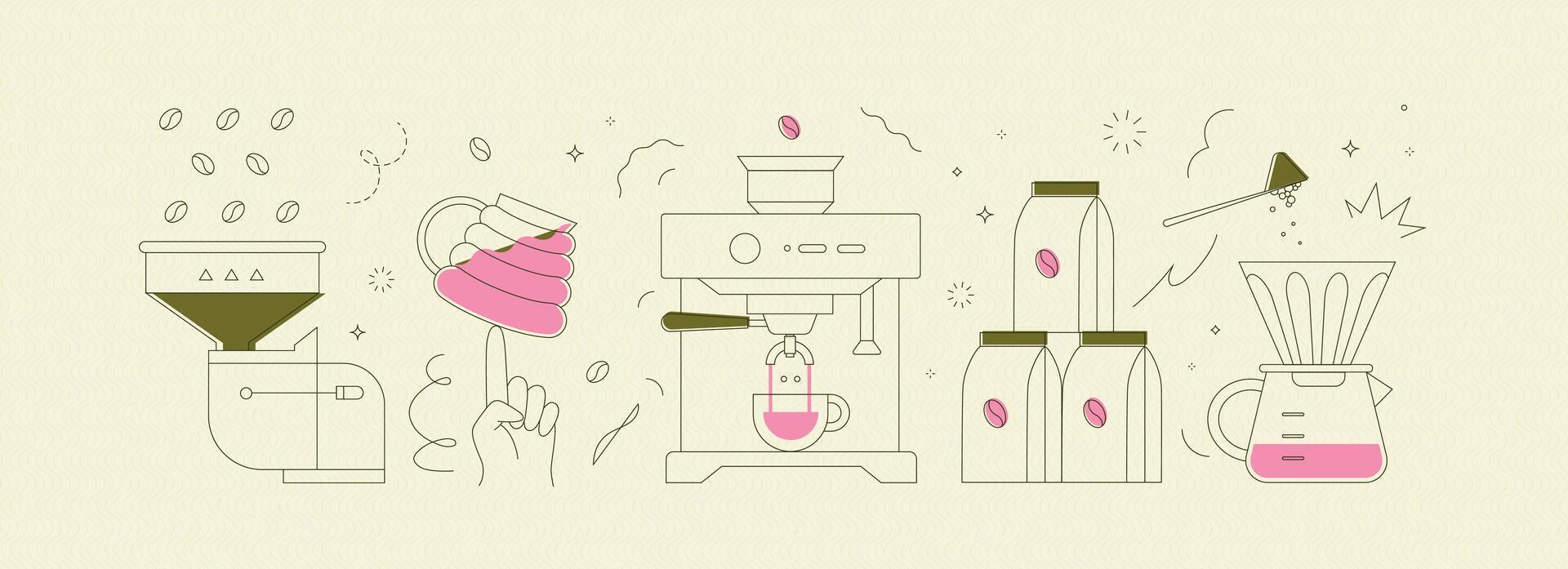 Coffee mill, cup, machine, pack, maker symbols drawing in modern linear art style on light yellow background vector