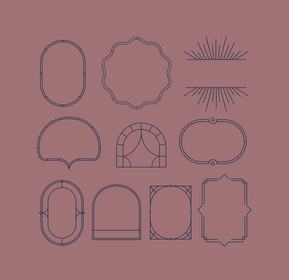 Art deco frames drawing in linear style on coral bg. vector
