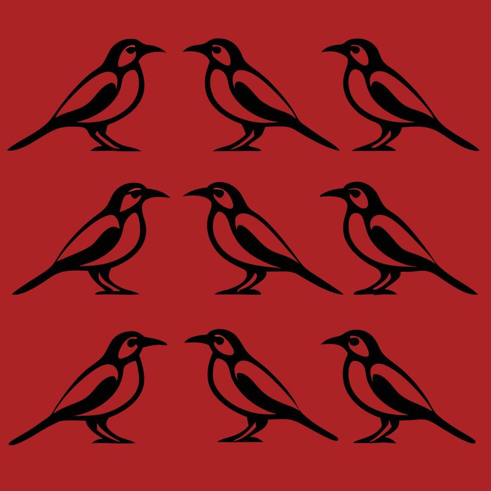 Nine Black Bird Silhouettes Red Background Pattern Design vector