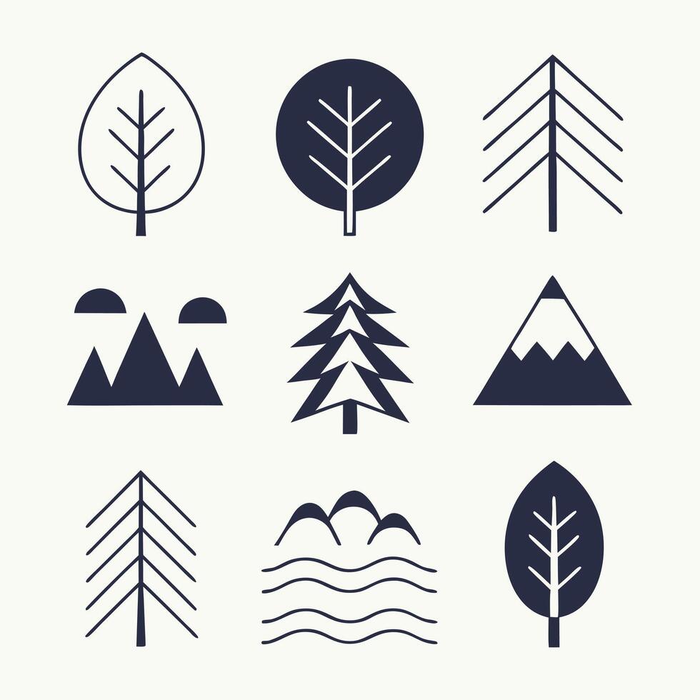 Nature Icons Minimalist Tree, Leaf, Mountain, and Wave Designs vector
