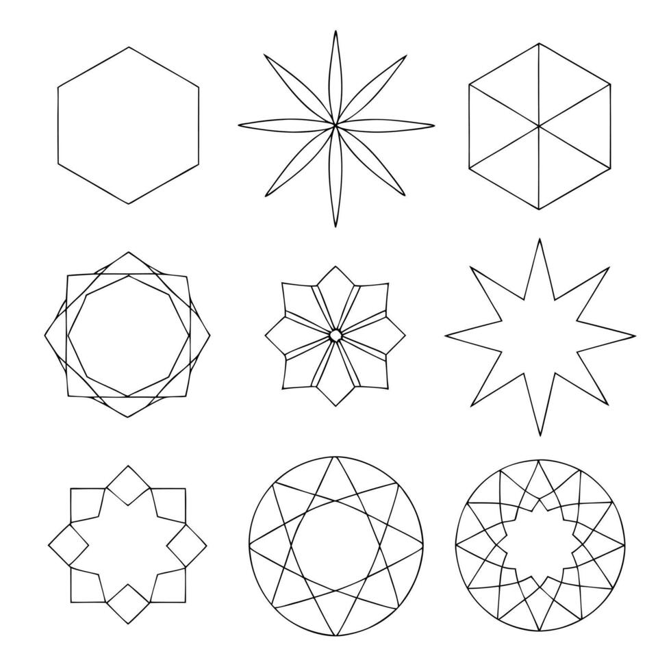 Geometric Shapes Hexagons, Stars, and Mandalalike Designs vector