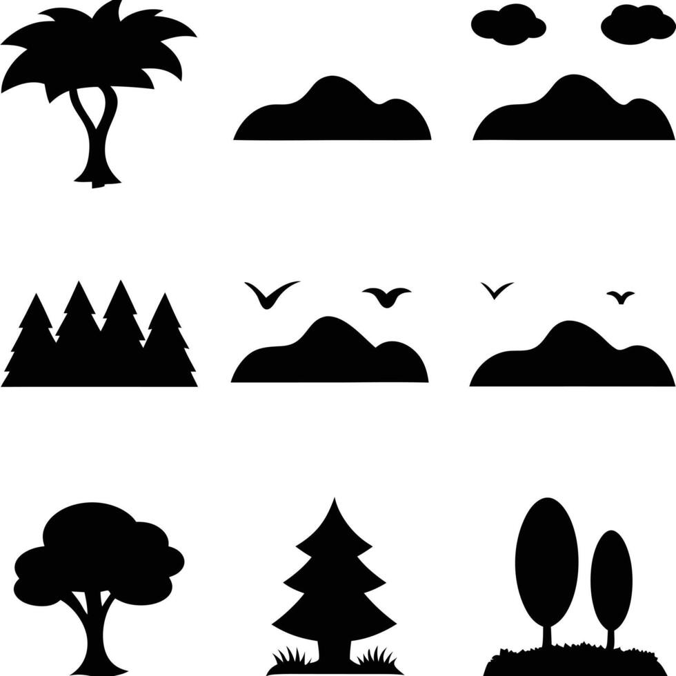 Simple Nature Icons Trees, Hills, Birds, and Clouds vector