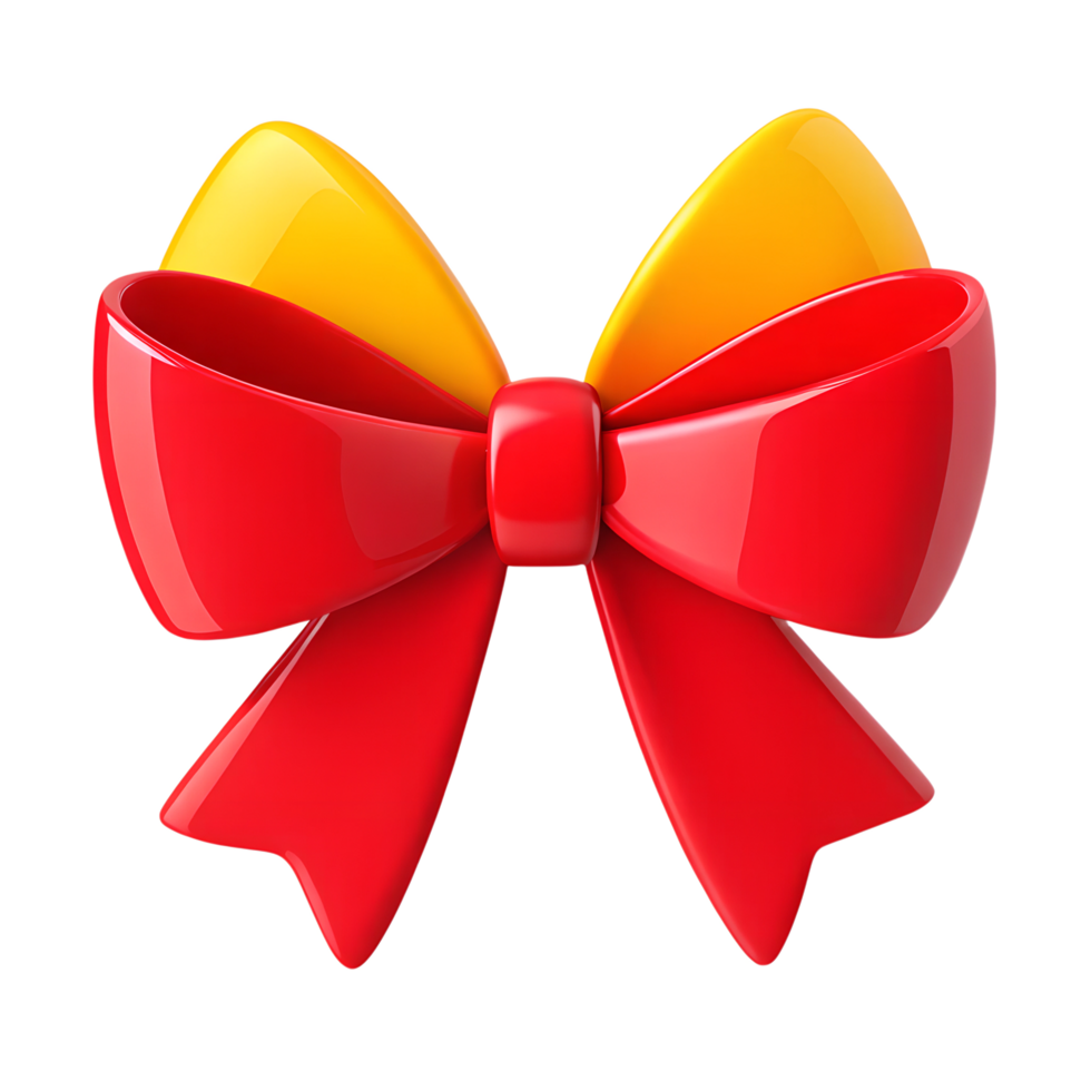 Red Yellow Bow and ribbon 3D icon isolated on transparent background png