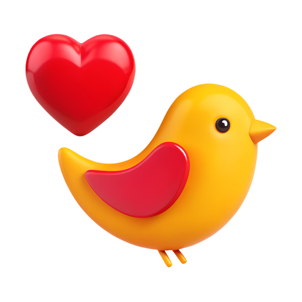 Red Yellow Bird and Heart 3D icon isolated on transparent background png