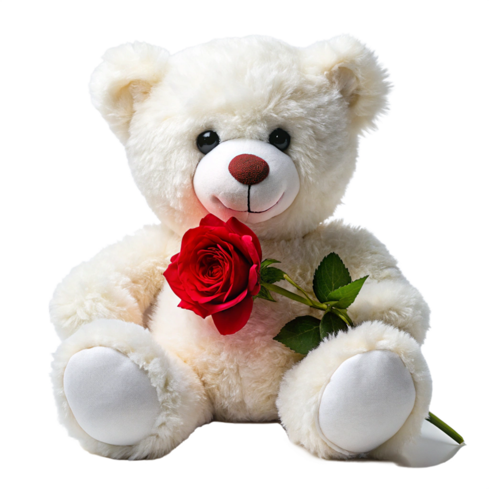 valentine day white teddy bear is setting with red rose is isolated on transparent background png