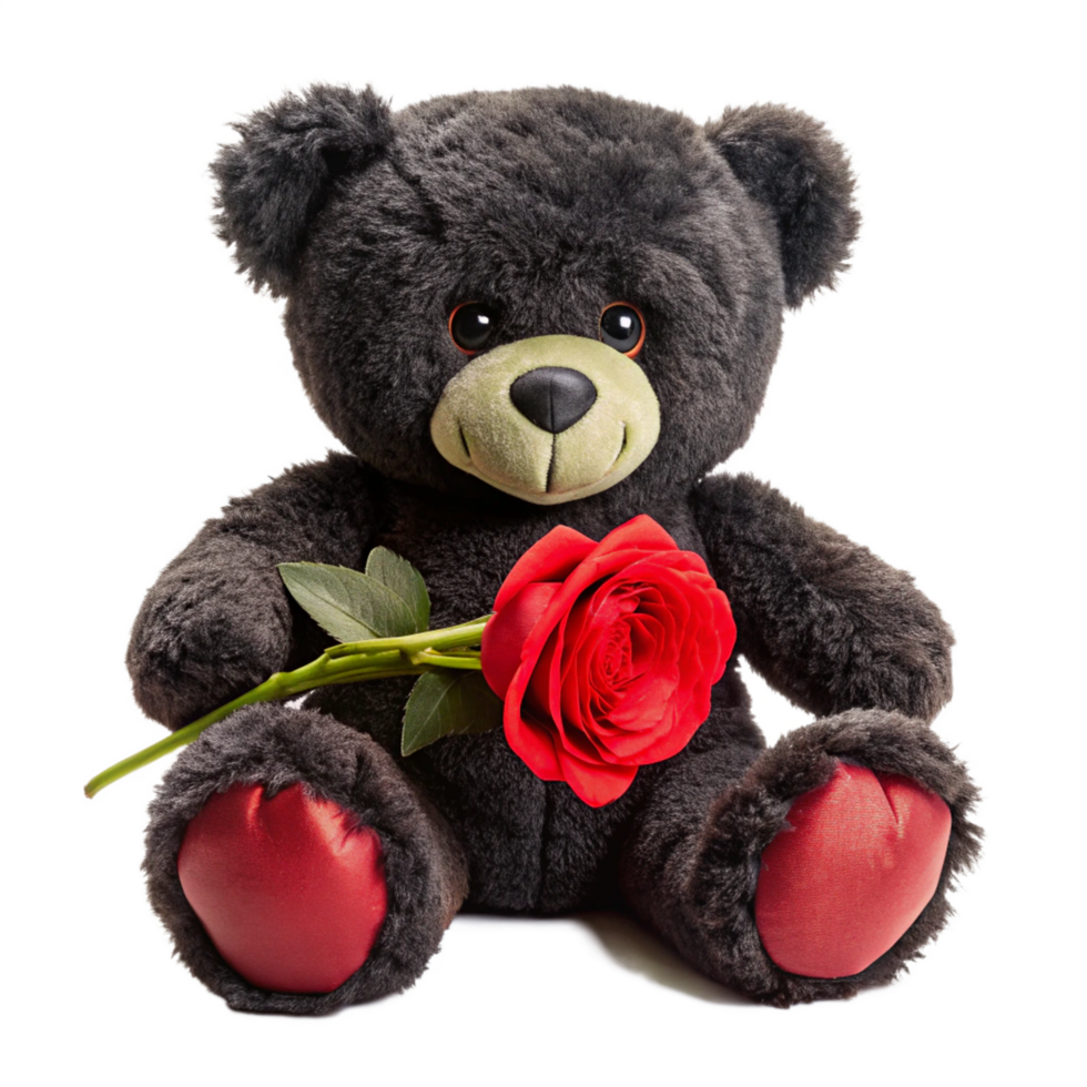 valentine day black teddy bear is setting with red rose is isolated on transparent background png