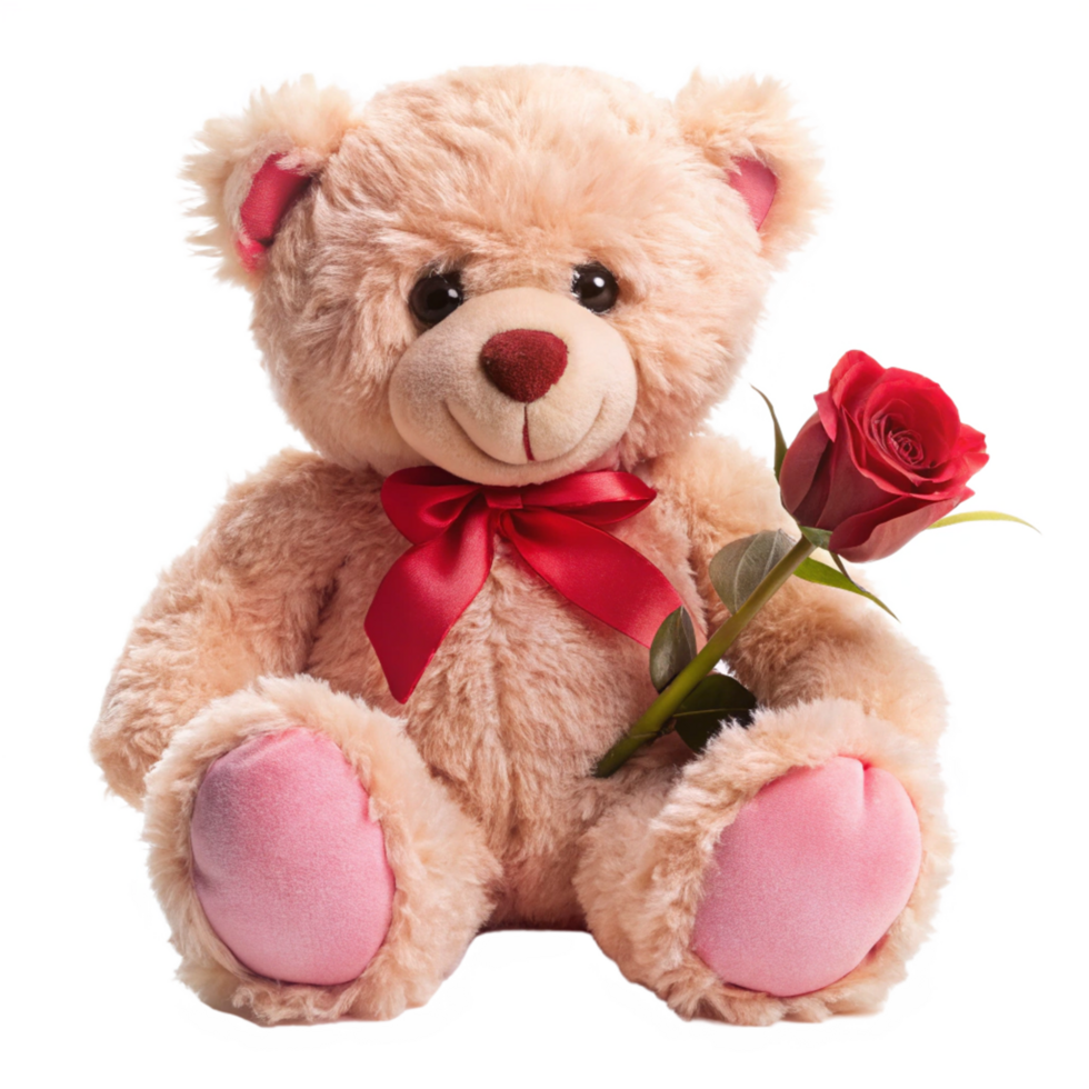 valentine day 3d pink teddy bear is setting with red rose is isolated on transparent background png