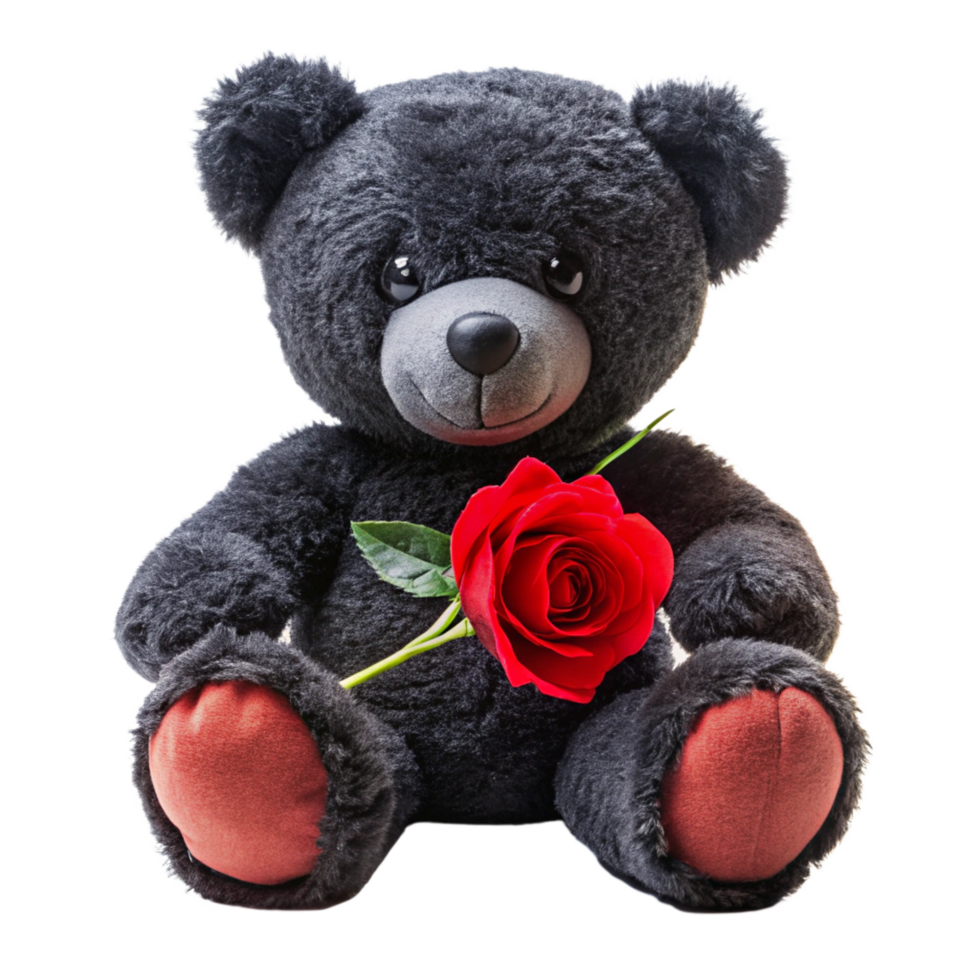valentine day 3d black teddy bear is setting with red rose is isolated on transparent background png