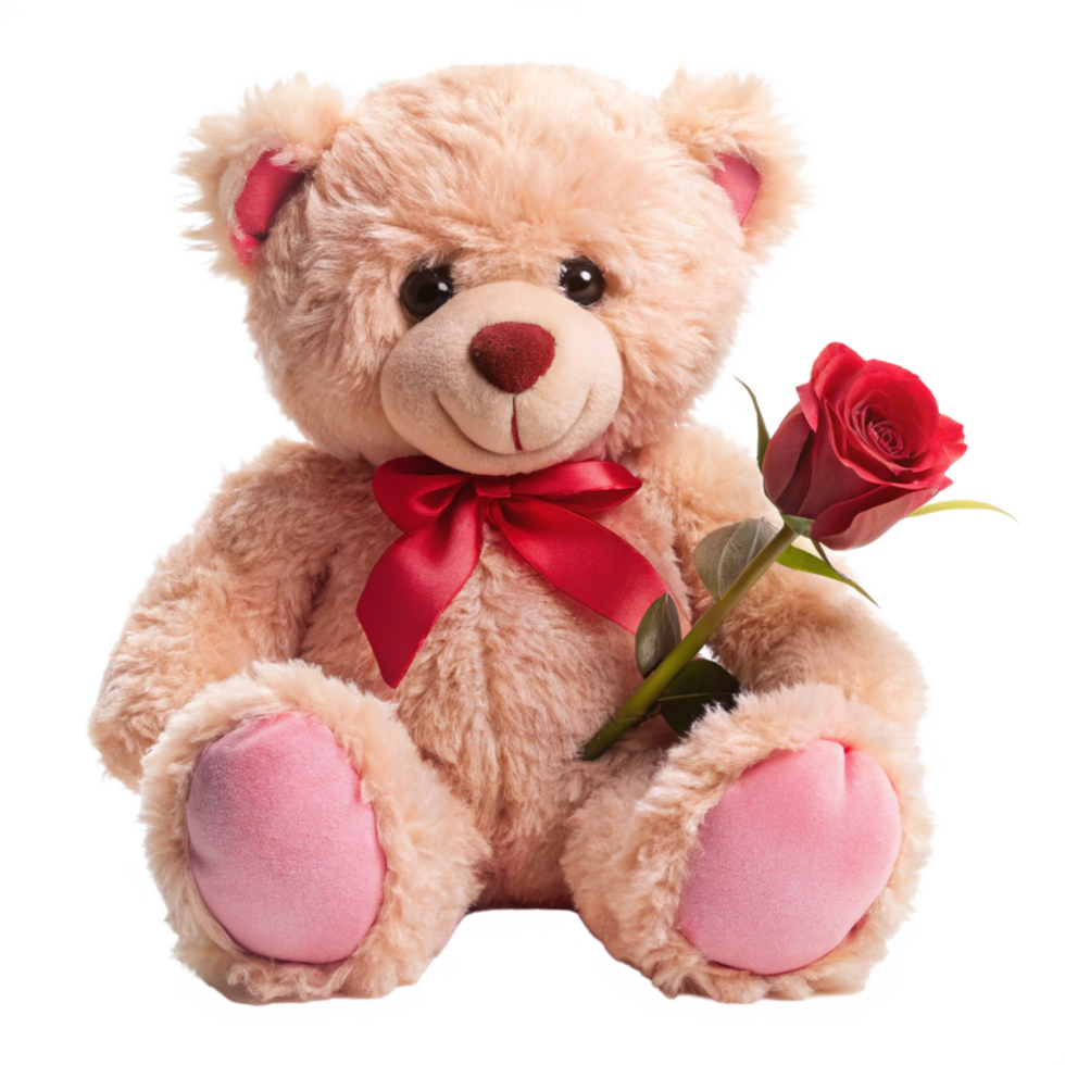 3d valentine day pink teddy bear is setting with red rose is isolated on transparent background png