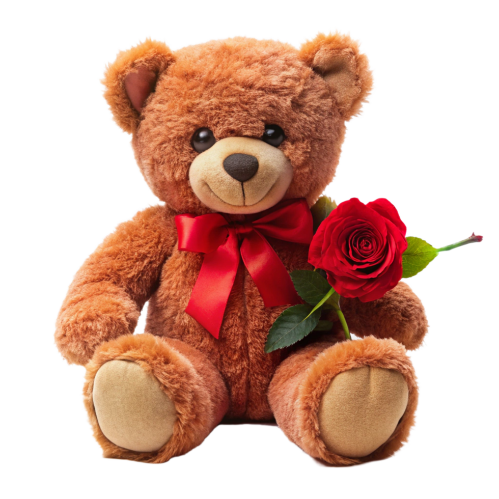 valentine day brown teddy bear is setting with red rose is isolated on transparent background png
