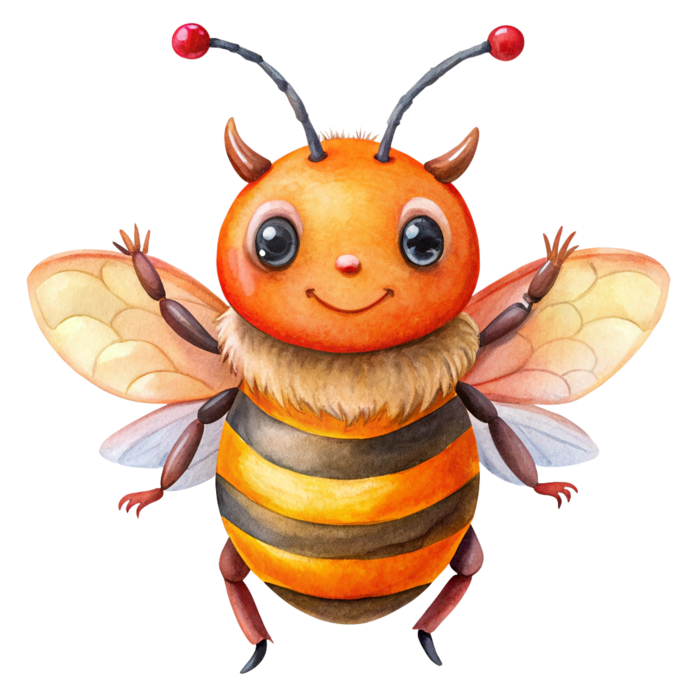 cheerful bee with red horns with watercolour is isolated on transparent background png
