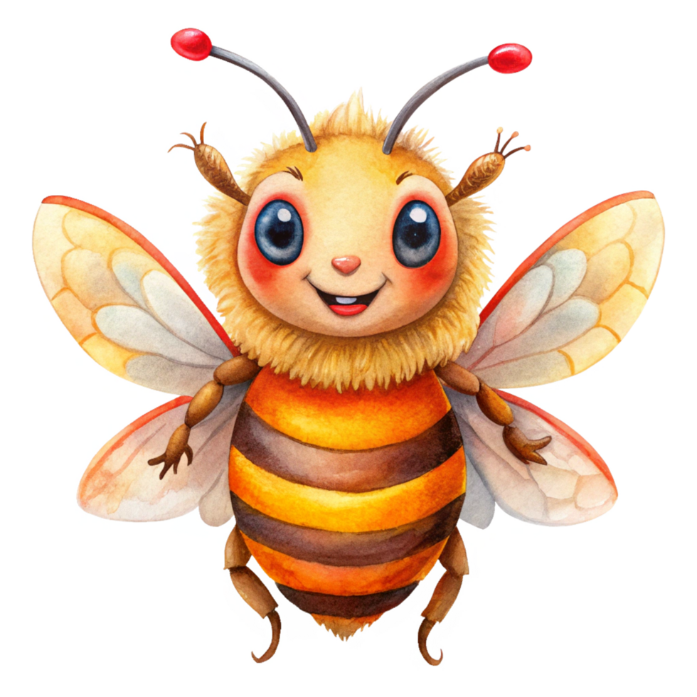 cheerful watercolourful bee with red horns is isolated on transparent background png