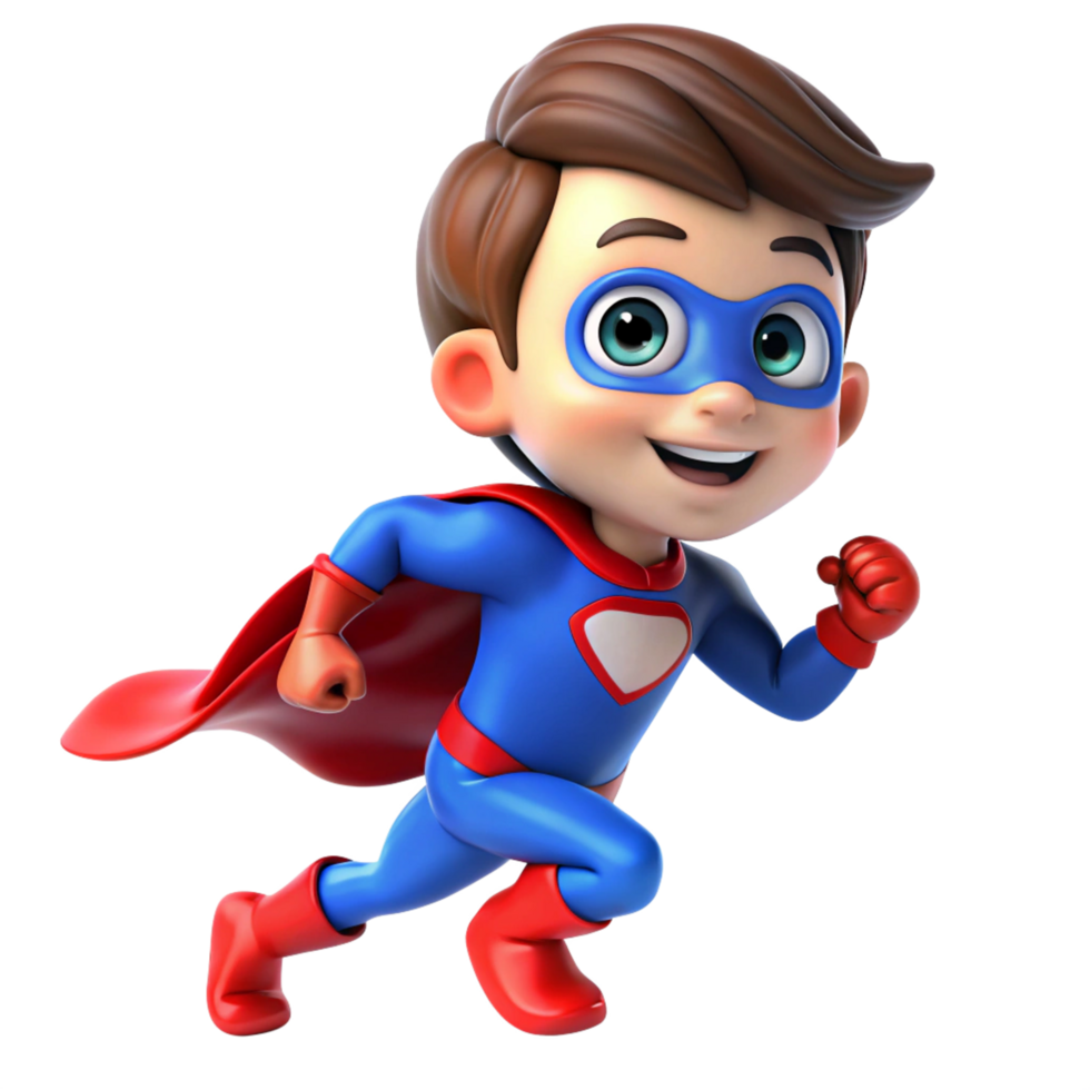 adorable young super hero kid running is isolated on transparent background png
