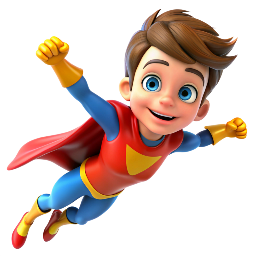 3d adorable young super hero kid flying is isolated on transparent background png