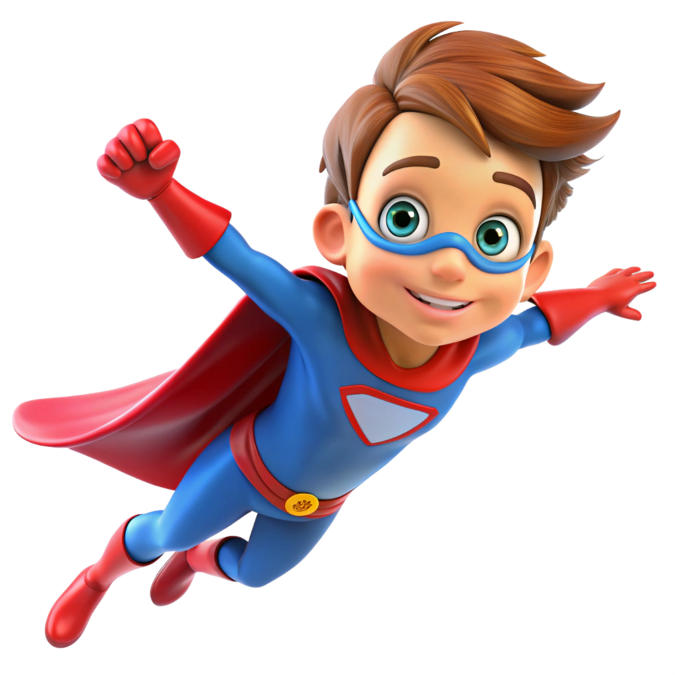 adorable young super hero flying kid cartoon is isolated on transparent background png