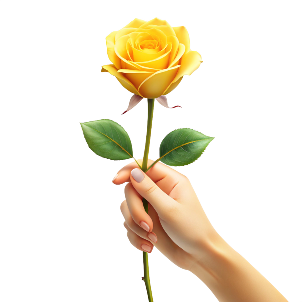 a Hand Holding A Single Long-Stem yellow Rose is isolated on transparent background png