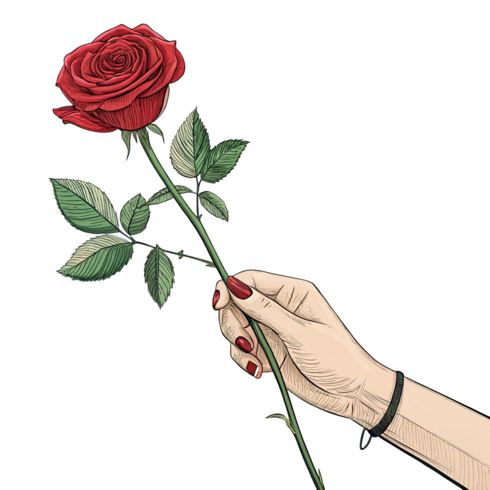 a Hand Holding A Single Long-Stem 3d red Rose is isolated on transparent background png