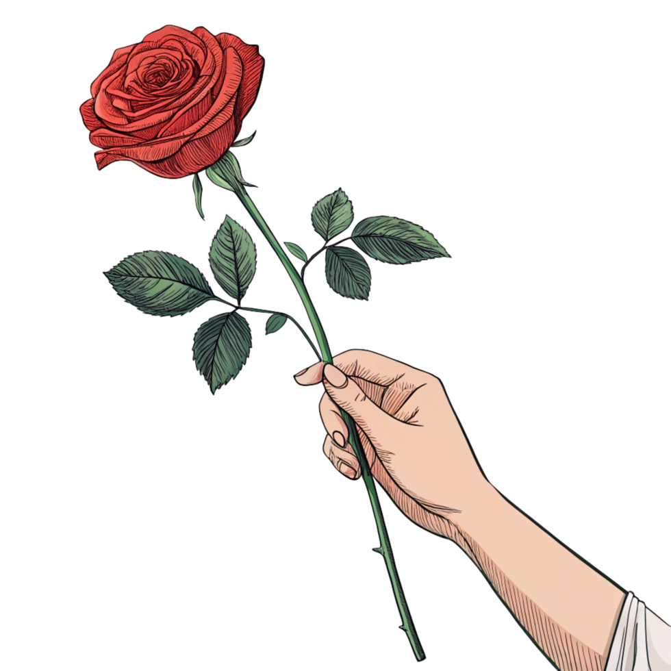 3d Hand Holding A Single Long-Stem beautiful red Rose is isolated on transparent background png