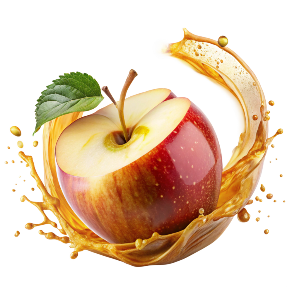 A Bright apple Splash Swirling Around Sliced is isolated on transparent background png
