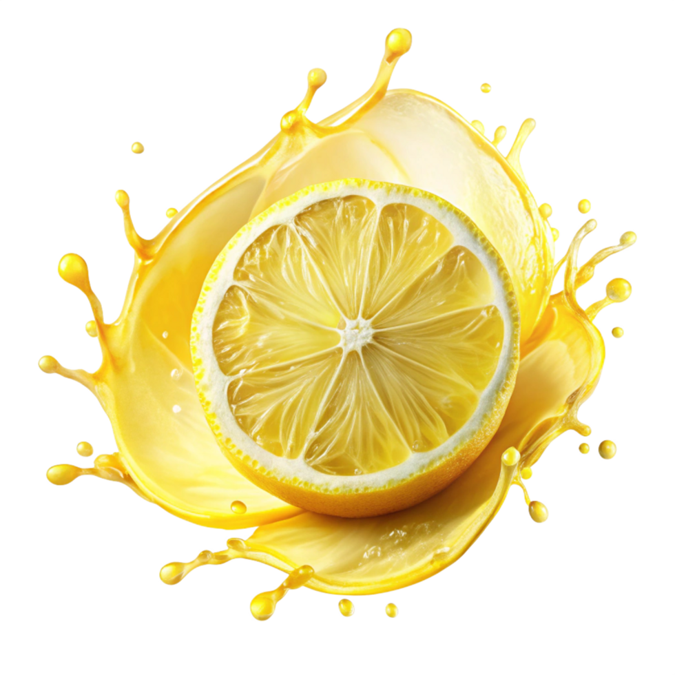 A Bright lemon Splash Swirling Around Sliced is isolated on transparent background png