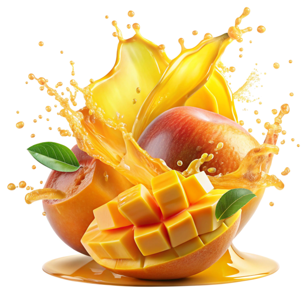 A Bright mango Splash Swirling Around Sliced is isolated on transparent background png
