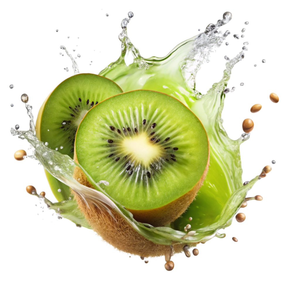 A Bright kiwi Splash Swirling Around Sliced is isolated on transparent background png