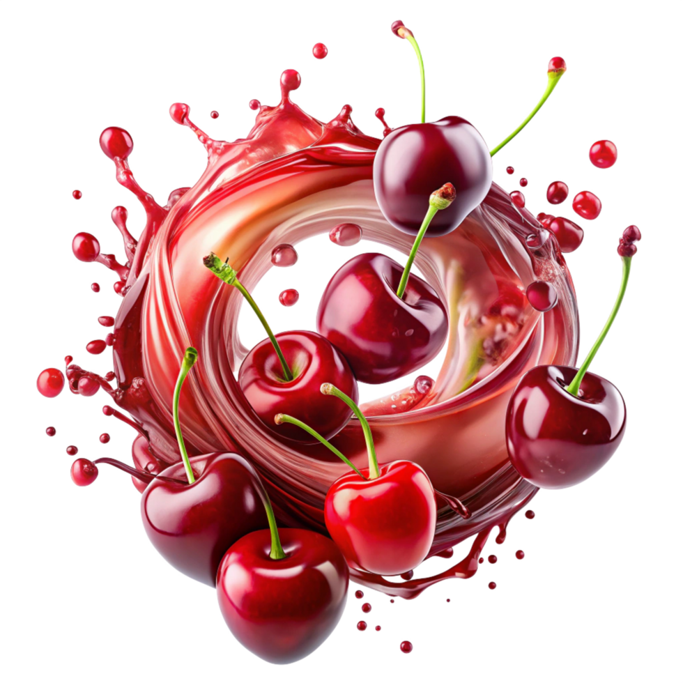 A Bright cherry Splash Swirling Around Sliced is isolated on transparent background png