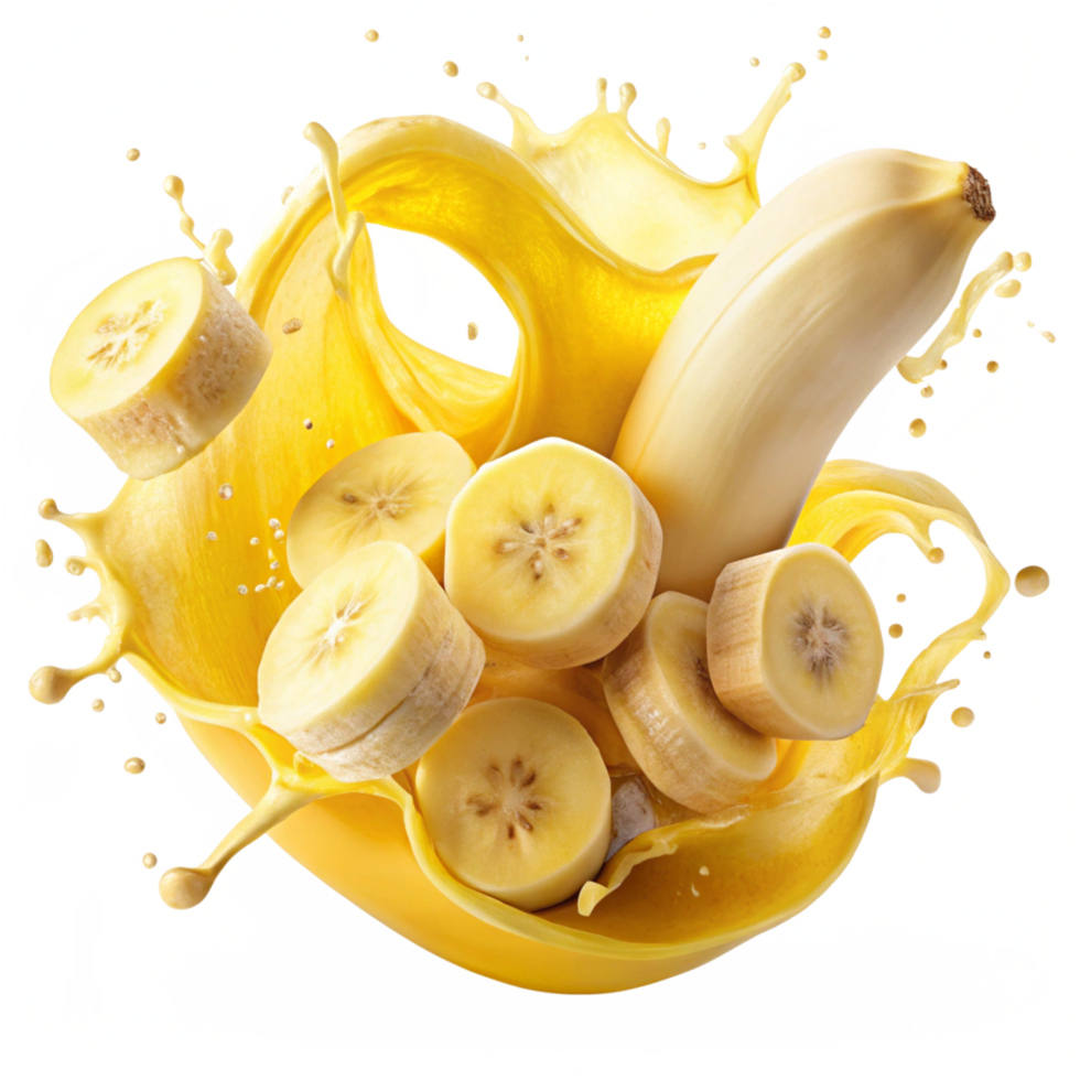 A Bright banana Splash Swirling Around Sliced is isolated on transparent background png