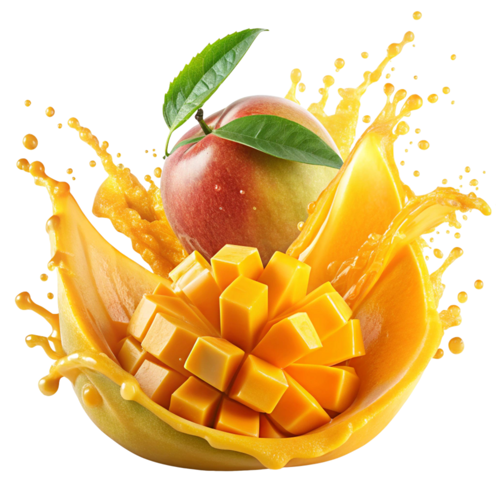 mango Splash Swirling Around Sliced is isolated on transparent background png