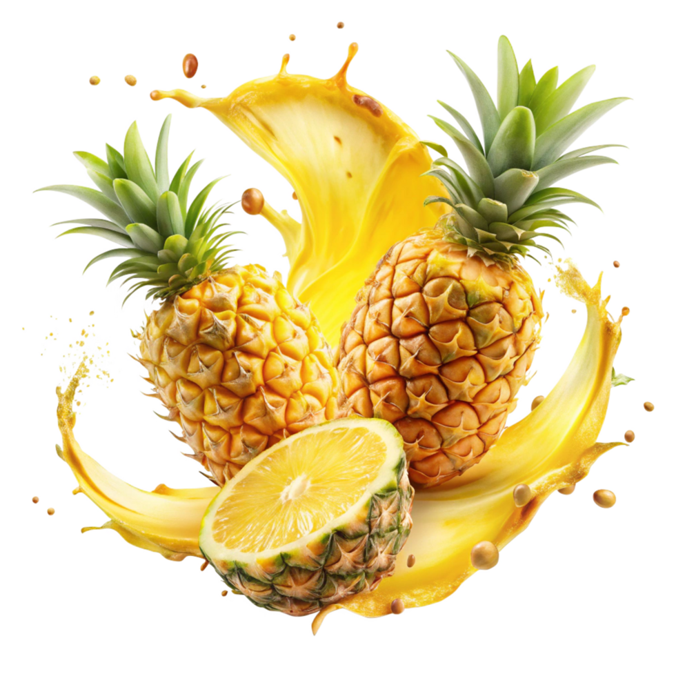 A Bright pineapple Splash Swirling Around Sliced is isolated on transparent background png