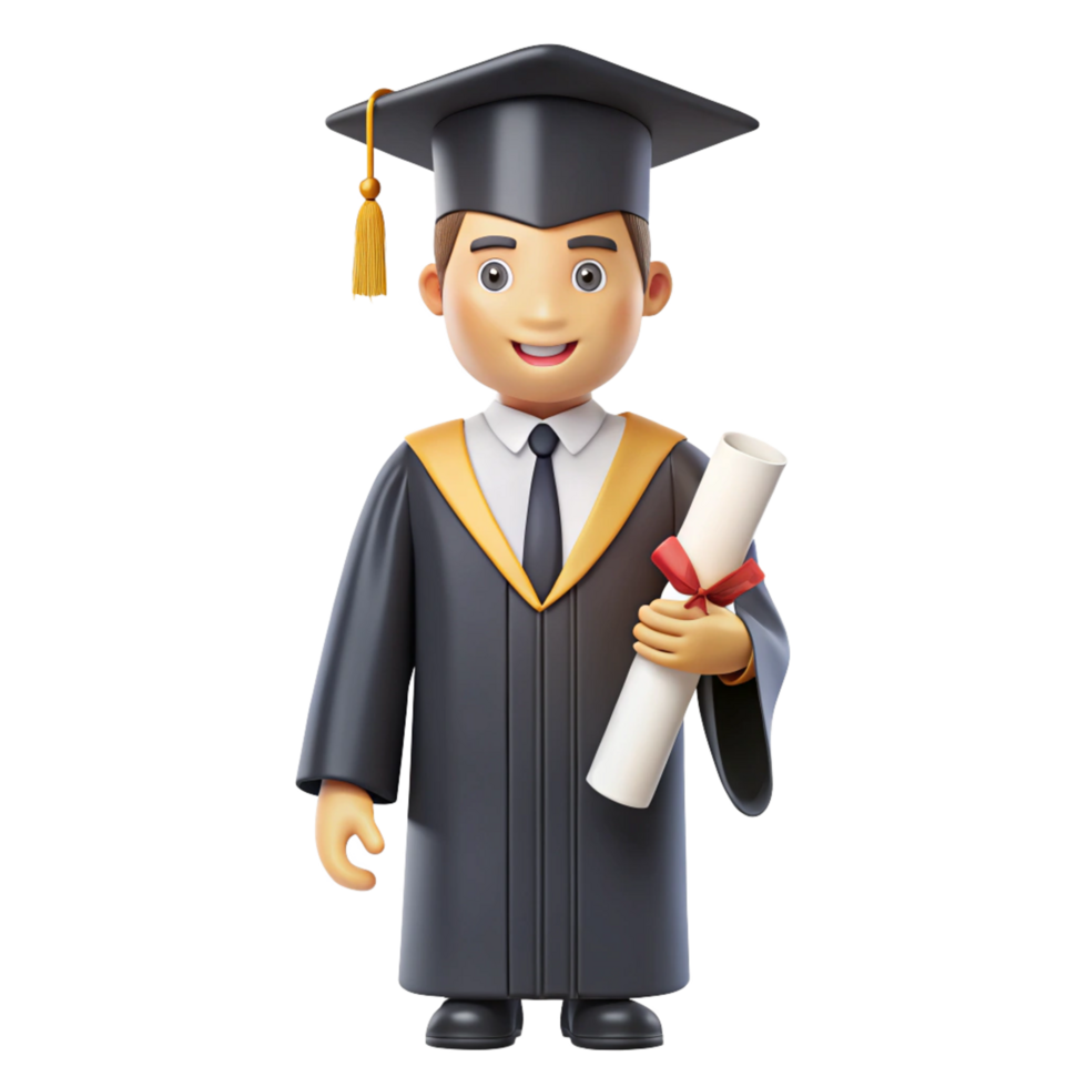 a graduation men cartoon style holding diploma is isolated on transparent background png
