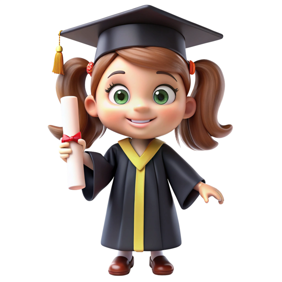 3d graduation girl cartoon style holding diploma is isolated on transparent background png