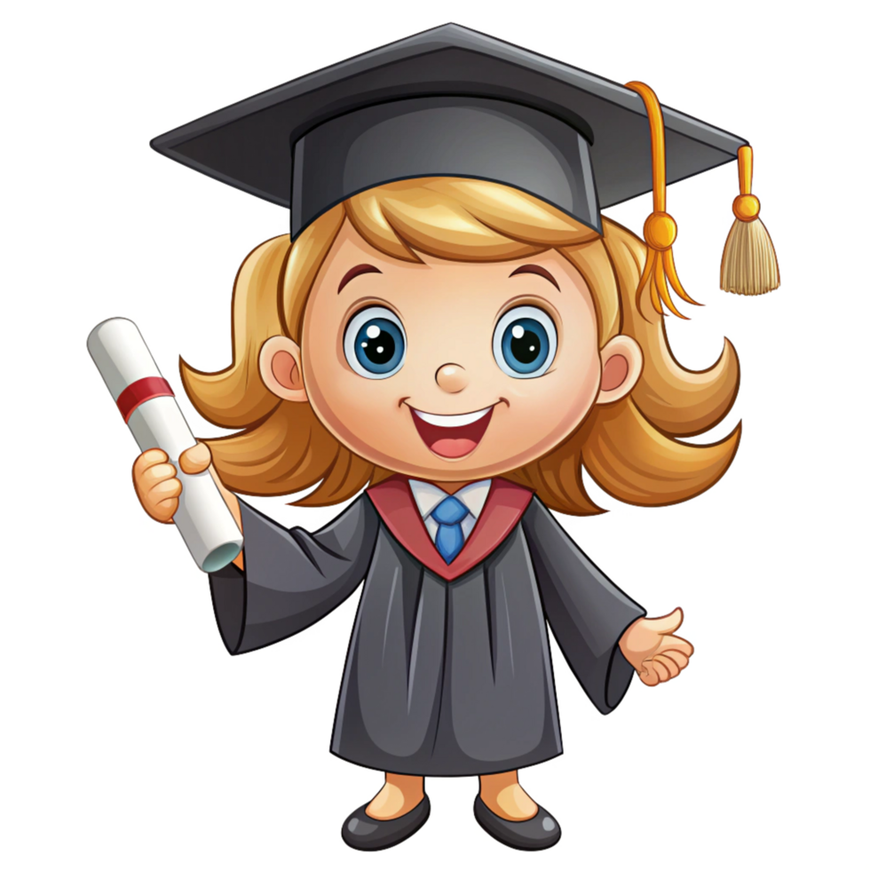 a graduation girl cartoon style holding diploma is isolated on transparent background png