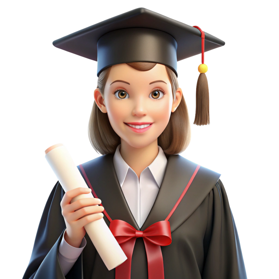 a graduation women cartoon style holding diploma is isolated on transparent background png