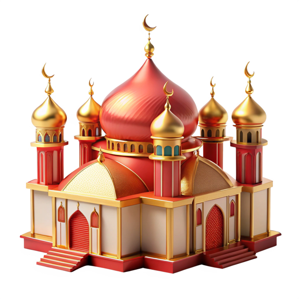 3d beautiful Ramadan red and golden mosque is isolated on transparent background png