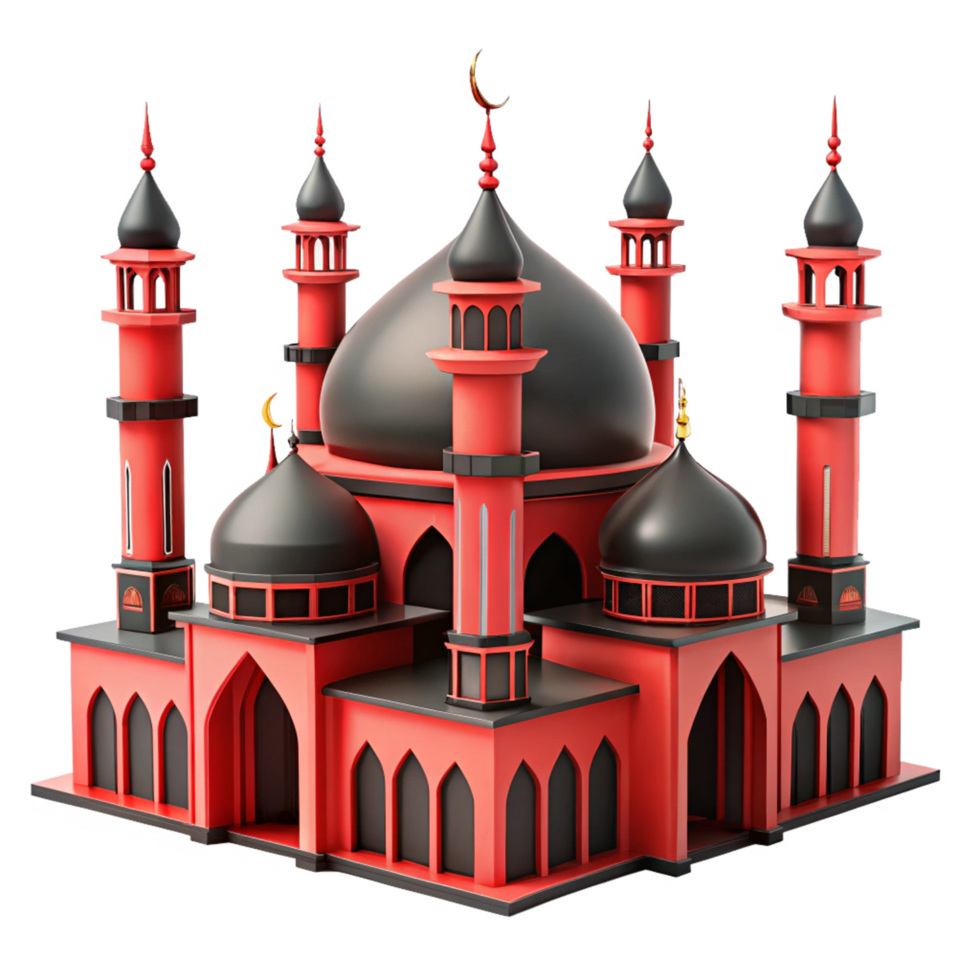 3d beautiful Ramadan red and black mosque is isolated on transparent background png