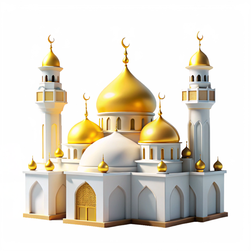 3d beautiful Ramadan white and yellow mosque is isolated on transparent background png