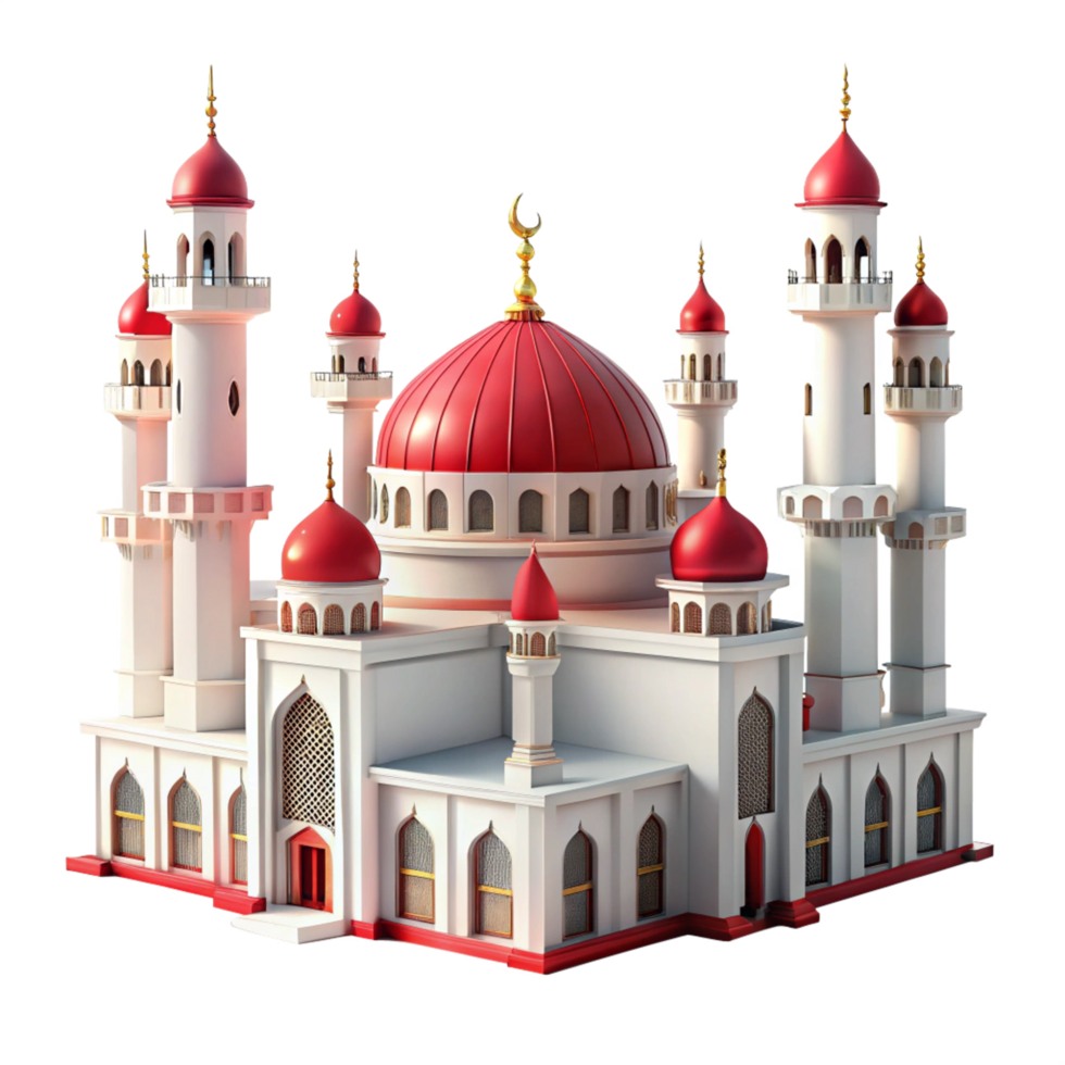 3d beautiful Ramadan white and red mosque is isolated on transparent background png