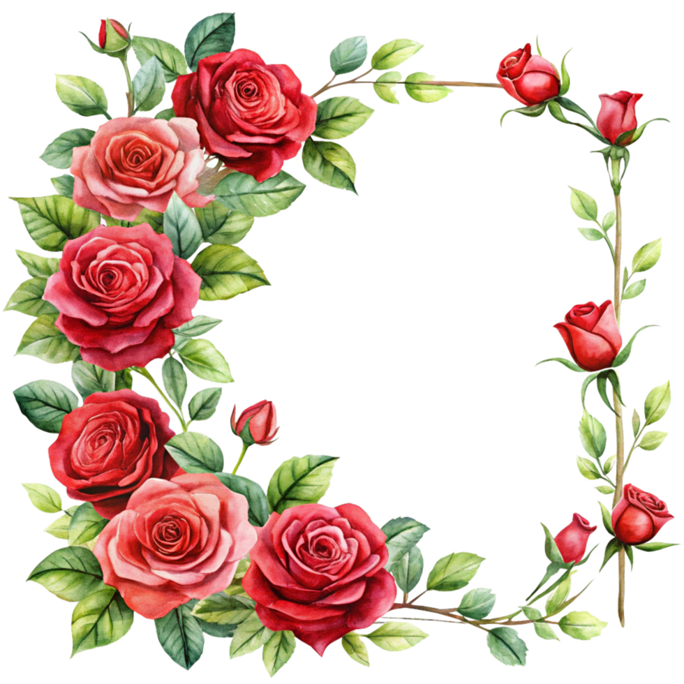 watercolour red beautiful rose corner frame is isolated on transparent background png