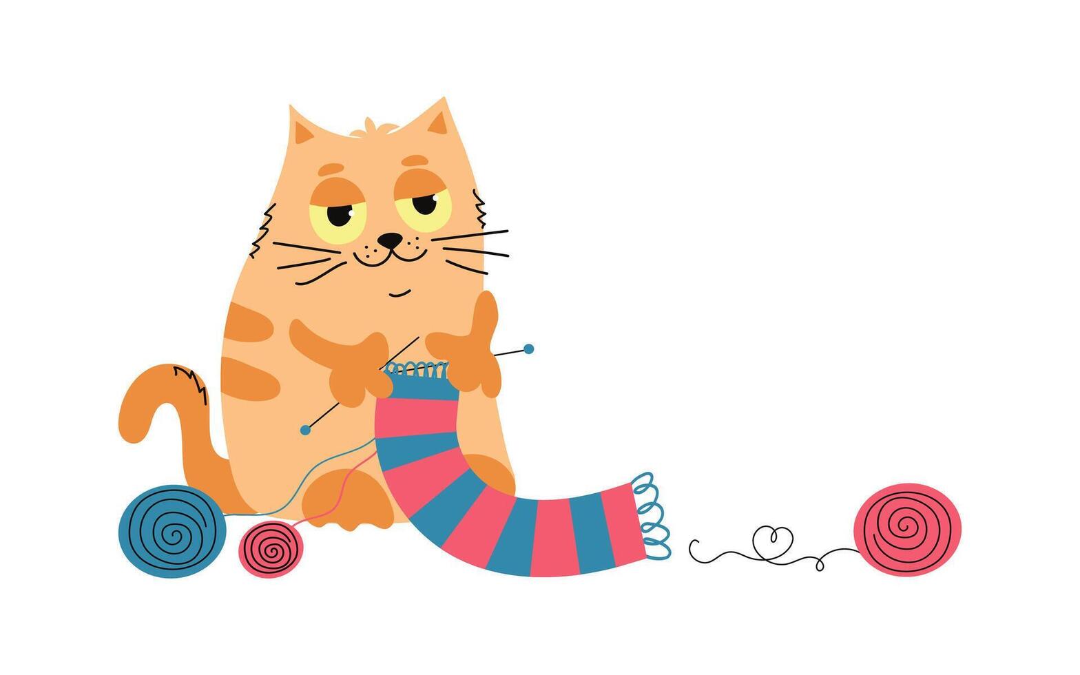 Frame cat and knitting. Knitting needles, hearts, threads, skeins of yarn. Cartoon cute cat knits a scarf. Handmade, hobby. Warm knitted scarf, clothes. White isolated background. vector