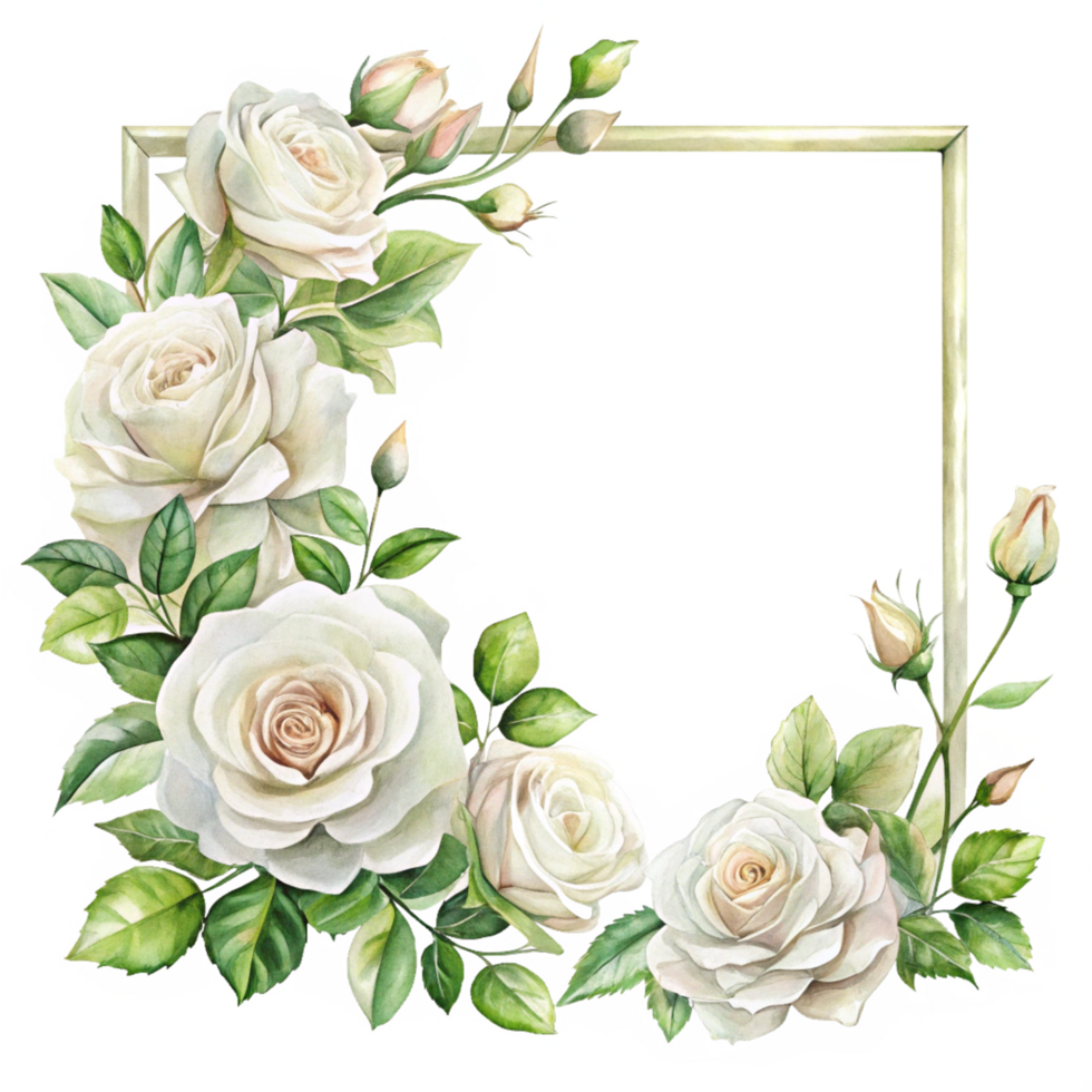 watercolour white beautiful rose corner frame is isolated on transparent background png