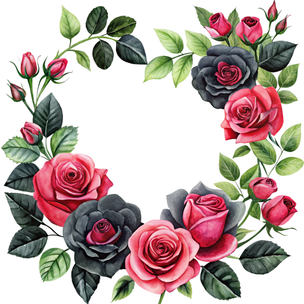 watercolour black and red beautiful rose corner frame is isolated on transparent background png